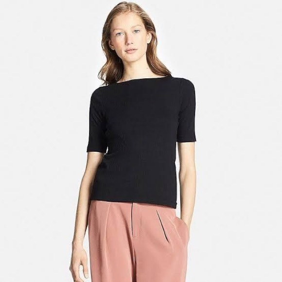 Uniqlo Tops - Uniqlo Basic Black 1/2 Sleeve Ribbed Boatneck Top NWOT Size Large